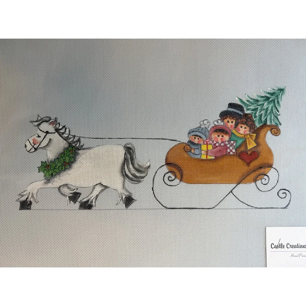 Vintage Castle Creations Christmas Horse Sleigh Hand Painted Needlepoint Canvas